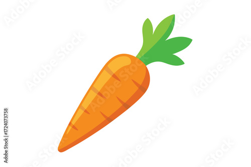 Cartoon carrot shows an orange root vegetable with bright green leafy tops against white
