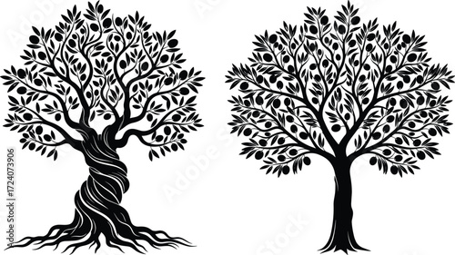Stylized tree illustration set, twisted and upright trunks, black and white botanical design, fruit-bearing branches, nature concept art