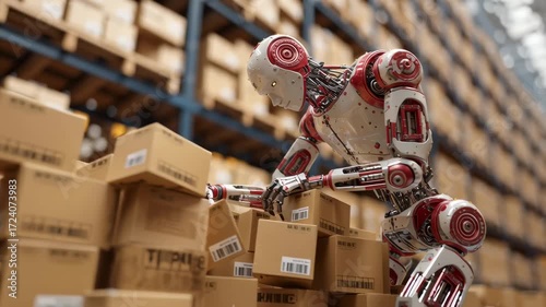 Humanoid robot stacking fragile cardboard box in large warehouse with shelves and packages showcasing advanced automation technology in logistics and packaging efficiency