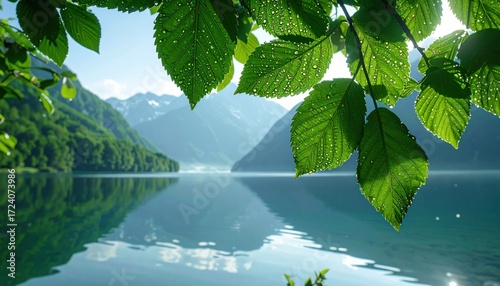 Peaceful mountain lake through leaves