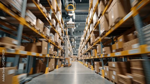 Warehouse aisle with tall shelves filled with cardboard boxes and pallets, industrial storage space featuring organized inventory, bright lighting, efficient logistics and distribution environment