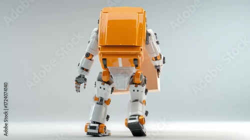 Futuristic robot delivery with orange backpack carrying cardboard box showcasing advanced technology automation in logistics for dynamic efficient service and mechanical limbs protection