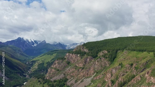 Aerial view of the mountain river between the mountains