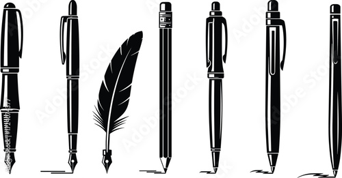 Fountain pen, ballpoint pen, feather quill, pencil illustration, vintage writing tools, ink drawing, calligraphy pen, office stationery vector design