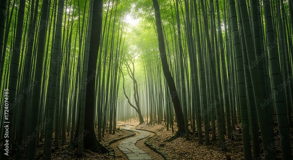 Fototapeta premium Enchanting bamboo forest pathway with a mystical natural atmosphere