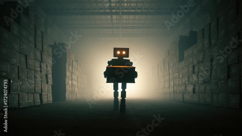 Robot silhouette carrying box in dimly lit warehouse aisle with stacked cardboard boxes on both sides glowing light creating eerie mysterious futuristic storage atmosphere
