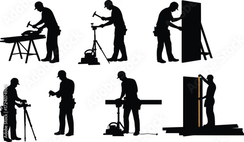 Construction worker silhouettes, carpentry tools, hammering nails, measuring wood, using tripod, 
