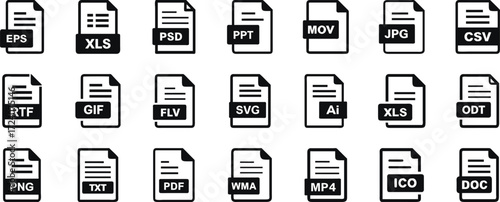 Collection of various file format icons representing different file extensions types