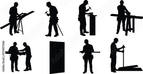 Construction workers silhouettes, carpentry labor, teamwork, hammer, measuring wood, building site, 