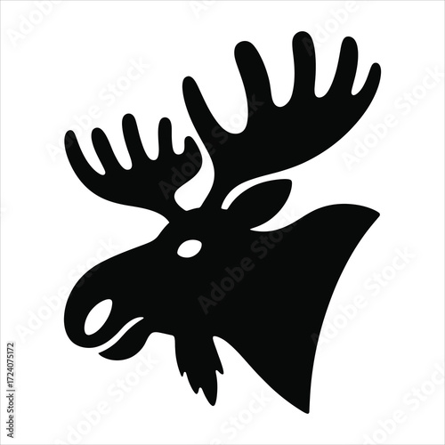 Minimalist black and white silhouette of a moose head with large branching antlers, vector isolated wildlife illustration