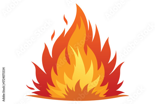 Fiery flames lick upwards, creating a vivid orange and yellow glow on white backdrop