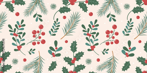 Christmas Seamless Pattern holly twigs with red berries, Mistletoe Leaves, Pine Branches. Christmas Background Vintage Retro Colors Vector illustration. Nature Winter Design. Holiday Seamless Pattern.