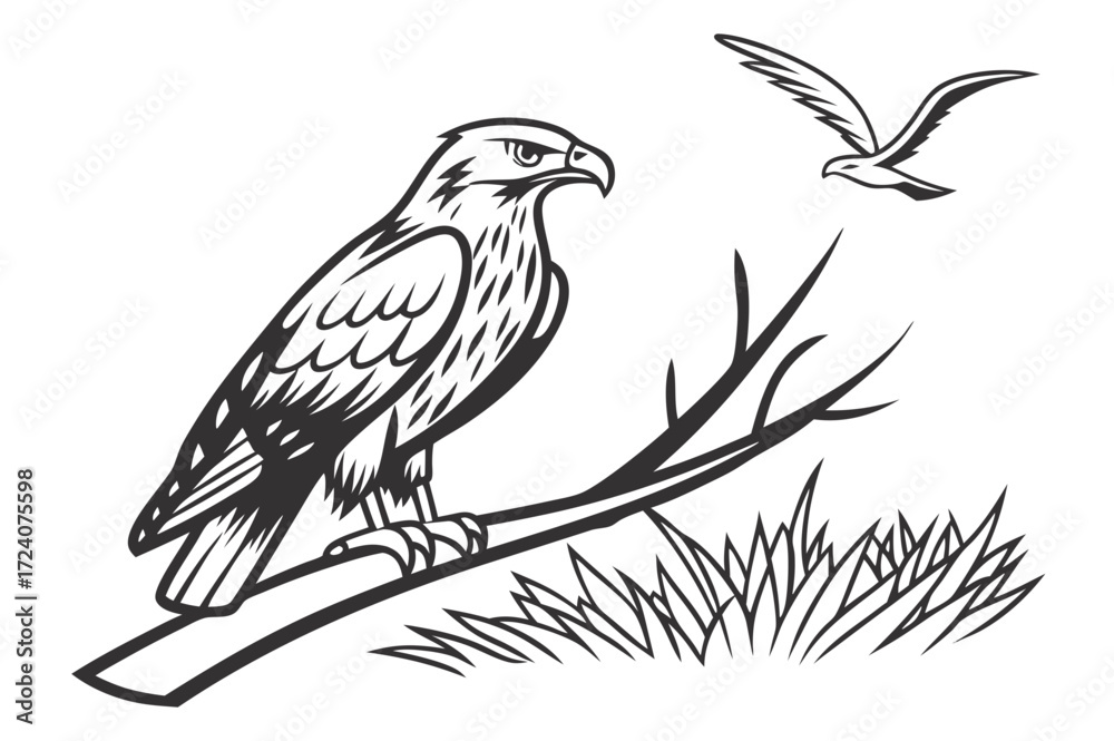 Obraz premium Monochromatic Landscape Vector Art with a Lone Tree