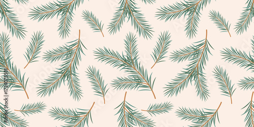 Winter Seamless Pattern with Christmas tree branches and leaves. Pine or Fir needles texture. Vector Seamless Background for Christmas or New Year. Print with Evergreen Tree Branches.