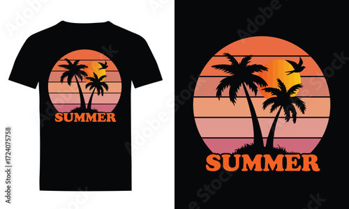 Summer Sunset T-Shirt Design with Palm Tree Silhouette and Tropical Vibes.