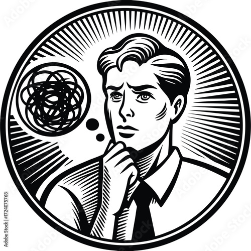 stylized illustration features young man in tension