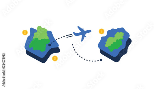 An airplane flying between two island representations, with gold coins.