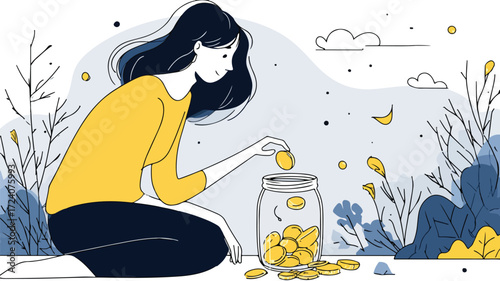 Female Putting Coin in Jar Vector Illustration