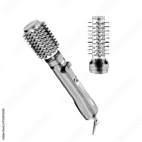 Hair dryer brush, Halftone of modern hair styling tool, professional equipment for beauty salons, isolated on white background