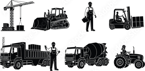 Construction vehicles, heavy equipment, crane, bulldozer, forklift, cement truck, dump truck, tractor, 
