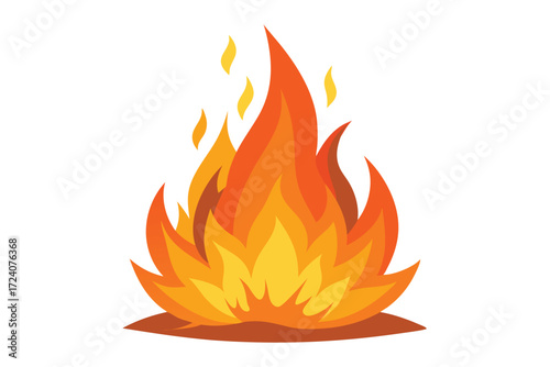 Stylized bonfire displays intense orange flames rising from a brown bed on white