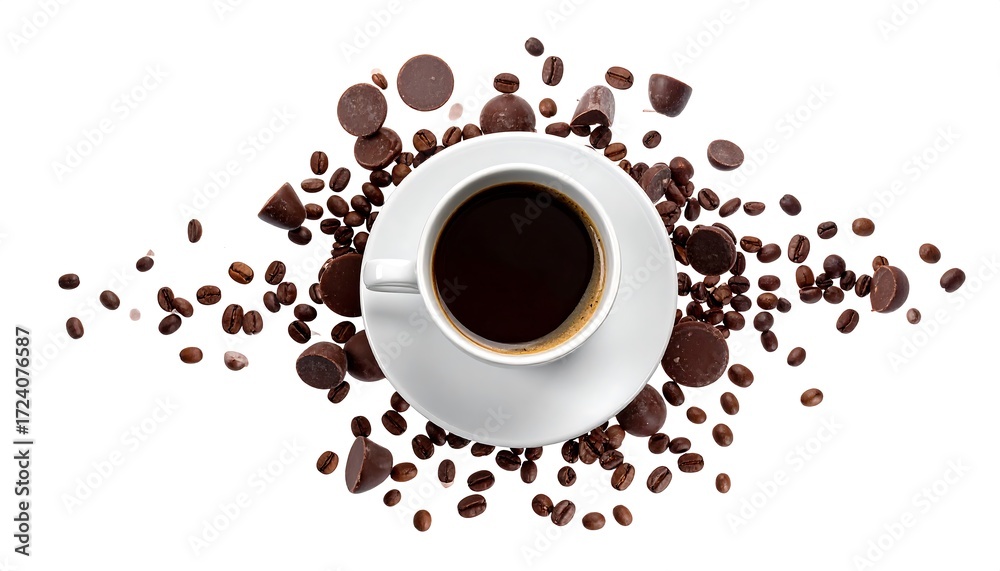 Fototapeta premium Coffee cup surrounded by chocolate and coffee beans