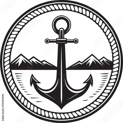 Nautical anchor emblem with mountains and rope border