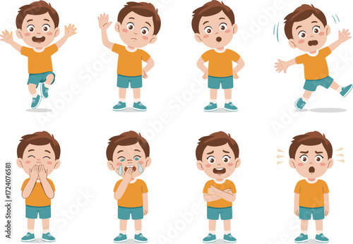 Cartoon boy character showing emotions, happy, sad, surprised, angry, scared, crying, laughing, cute kid poses for children illustration design