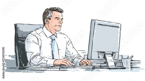 Focused Businessman Working at Desk on Computer