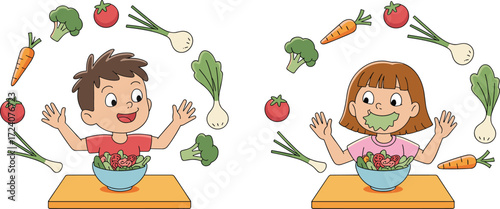 Cartoon children eating vegetables, kids with salad bowls, healthy food illustration, fresh vegetables, nutrition concept, happy lifestyle, fun eating habits