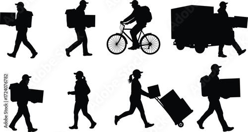 Delivery worker silhouettes, courier service, people carrying boxes, delivery man walking, delivery 