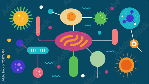 Bacterial Diversity A vibrant illustration showing a spectrum of bacteria types rods spheres spirals with labels indicating diversity.