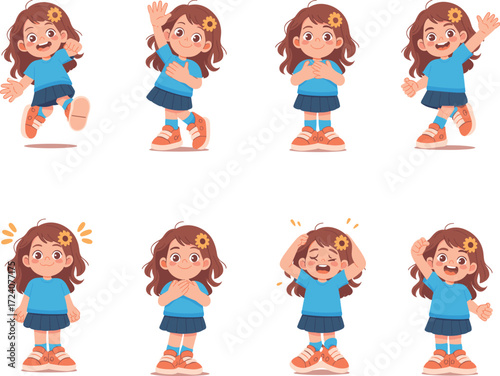 Cute cartoon girl character, school child, different emotions, happy, sad, surprised, laughing, crying, vector illustration for kids education design