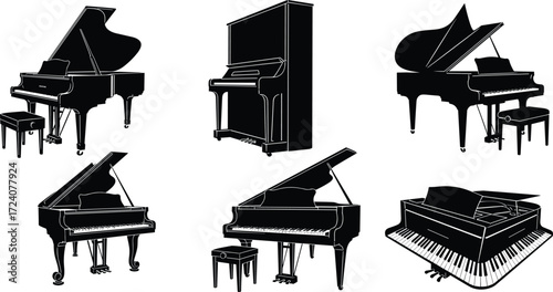 Grand piano collection, upright piano, classic musical instrument, black silhouette, concert piano, vintage piano, elegant piano, music vector illustration