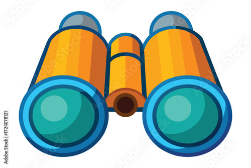 Cartoon binoculars with bright turquoise lenses and yellow body are featured on a white background