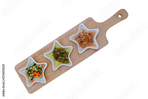 Star-Shaped Dips on Wooden Board: Veggie Mix, Olive Tapenade, and Crispy Onion Dip, Png background