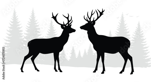Two majestic deer facing each other in a winter forest silhouette
