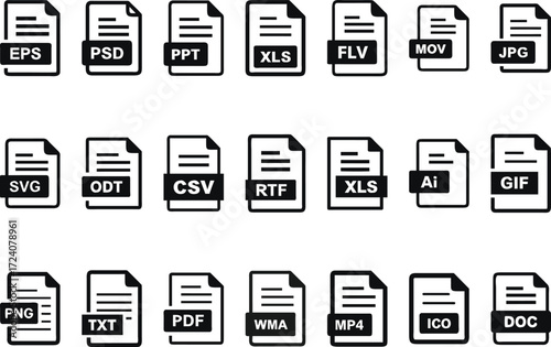 Set of various file format icons for different file extensions