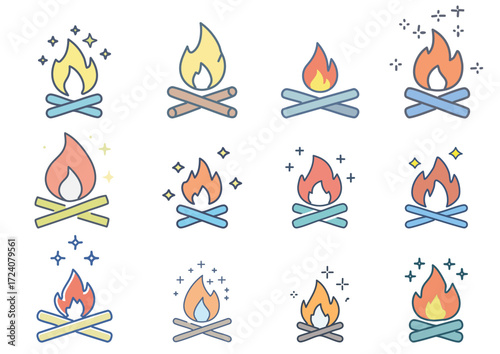 Wood campfire set. funny set, Camping fire firewood, signal bonfire on beach outdoor fireplace with burn coal or wooden log extinguished flame cartoon campfires