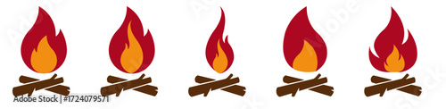 Wood campfire set. Camping fire firewood, signal bonfire on beach outdoor fireplace with burn coal or wooden log extinguished flame cartoon campfires
