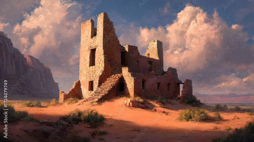 Obraz premium Ruined adobe house in desert landscape