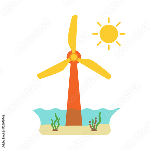 Illustration concept of tidal power as a renewable energy resource, presented as a flat image set against a white background