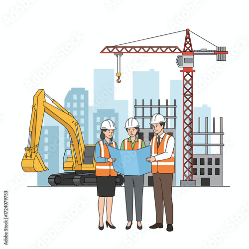 The real estate developer reviews the building illustration concept, presented as a flat illustration on a white background