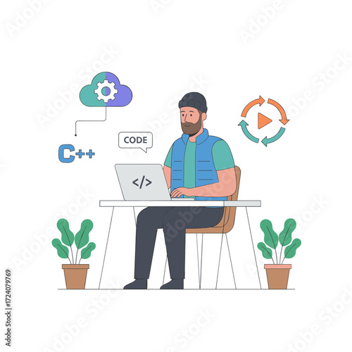 Concept for a DevOps engineer illustration: a flat design set against a white background