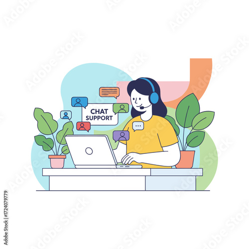 Concept of an online customer support illustration, displayed as a flat image on a white background