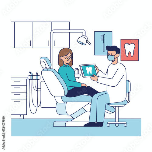 A woman sits in the dentist’s chair, listening to the doctor’s explanation of her X‑ray results