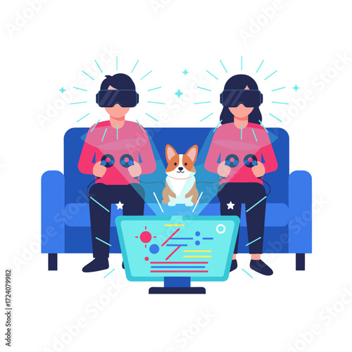 Illustration concept of friends playing video games, presented as a flat illustration on a white background