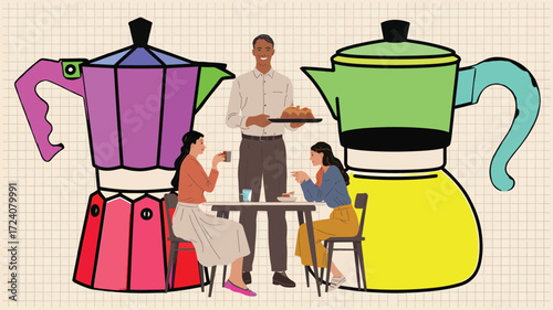 Friends Enjoying Coffee and Pastries with Colorful Coffee Pots