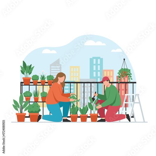 Illustration concept for saving the environment: a flat urban farming illustration set against a white background