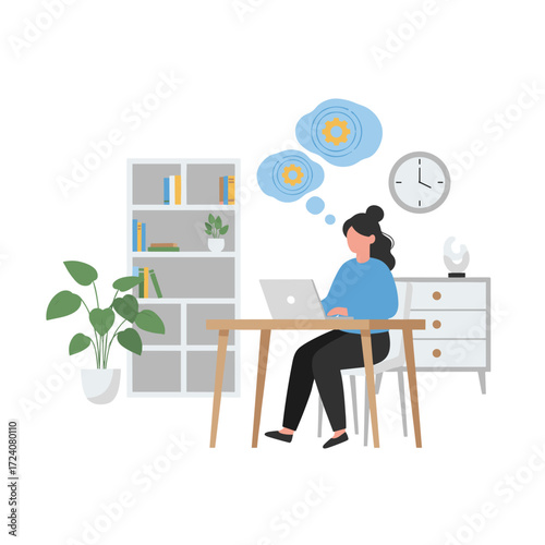 A girl contemplating a startup idea in a vector illustration concept, presented as a flat illustration set against a white background